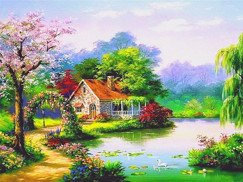 Casa en el Bosque de Primavera Pintar por Números