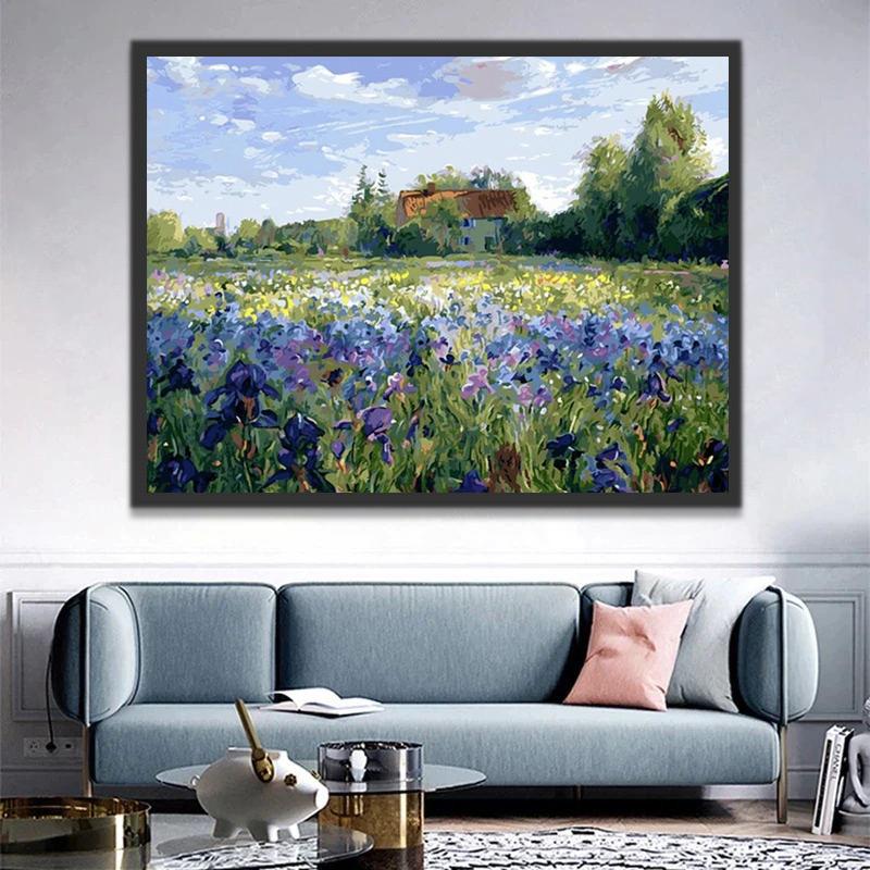 Casa en el Campo de Flores Moradas Pintar por Números