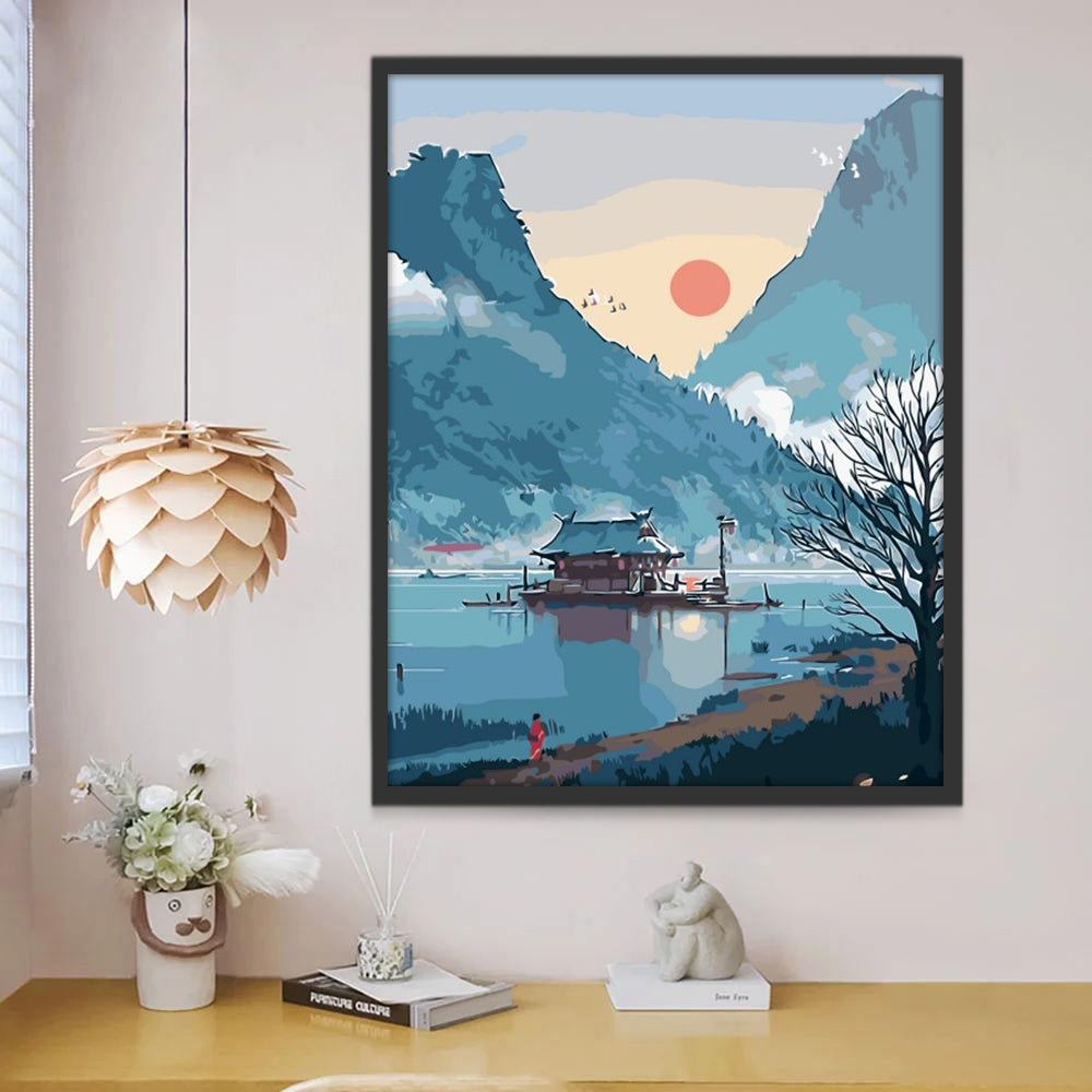 Casa en el Centro de Lago en Montañas Pintar por Números