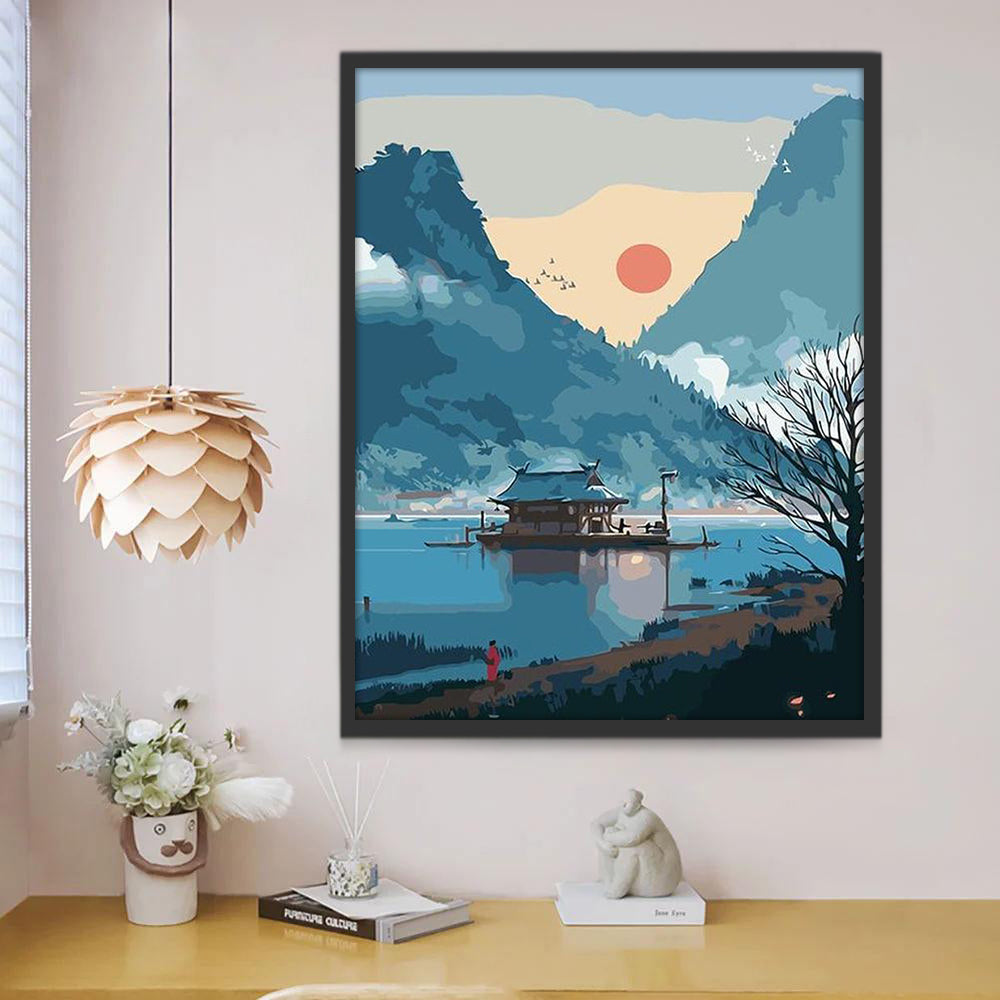 Casa en el Lago de Montañas Pintar por Números