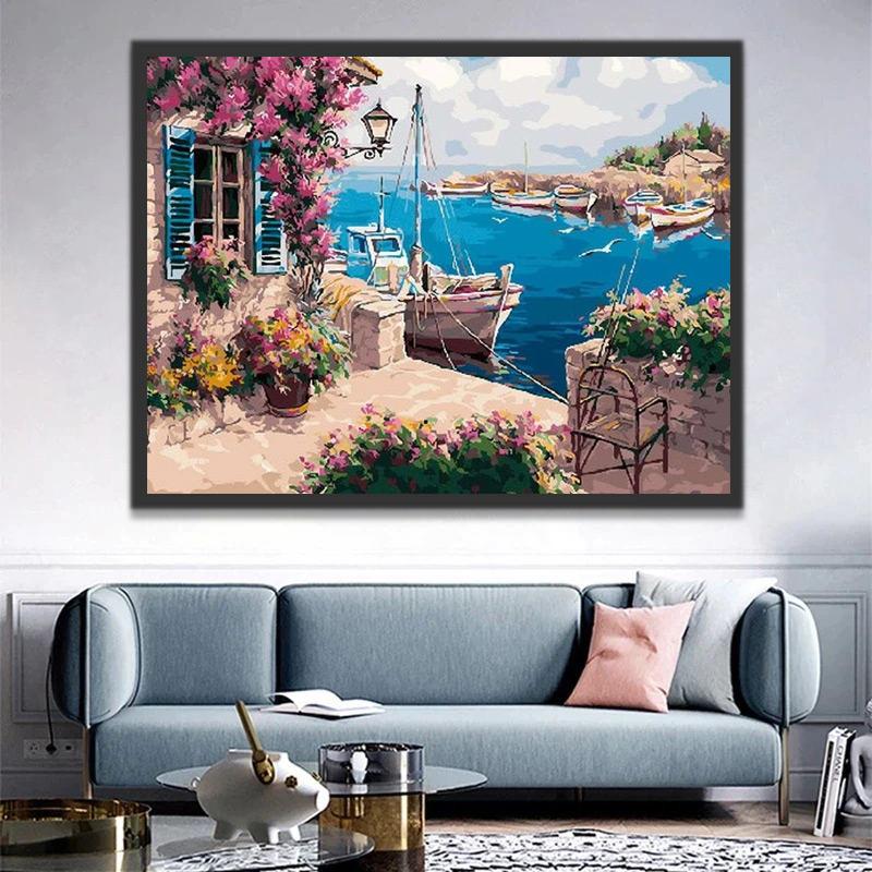 Casa en la Costa con Barcos Pintar por Números