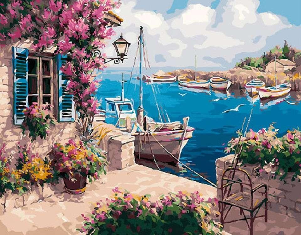 Casa en la Costa con Barcos Pintar por Números