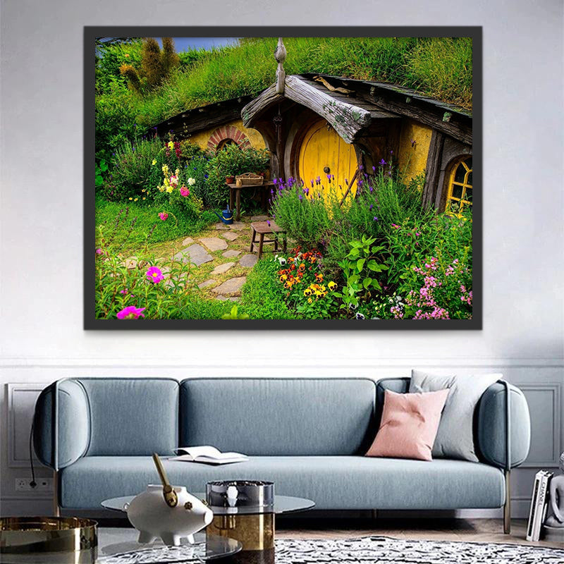 Casa Pequeña Amarilla Rodeada de Flores Pintar por Números