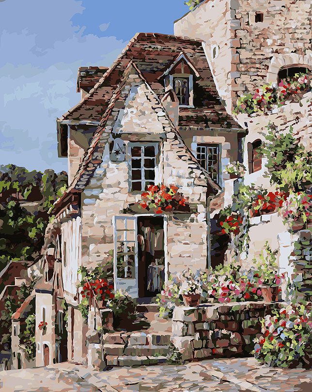 Casa Vieja de Ladrillos y Flores Pintar por Números