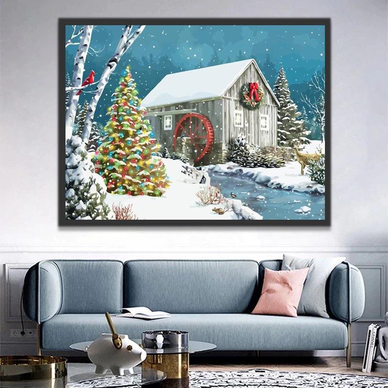 Casa y Árbol de Navidad y Arroyo Pintar por Números