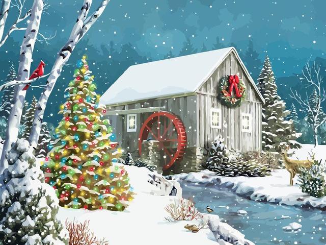 Casa y Árbol de Navidad y Arroyo Pintar por Números
