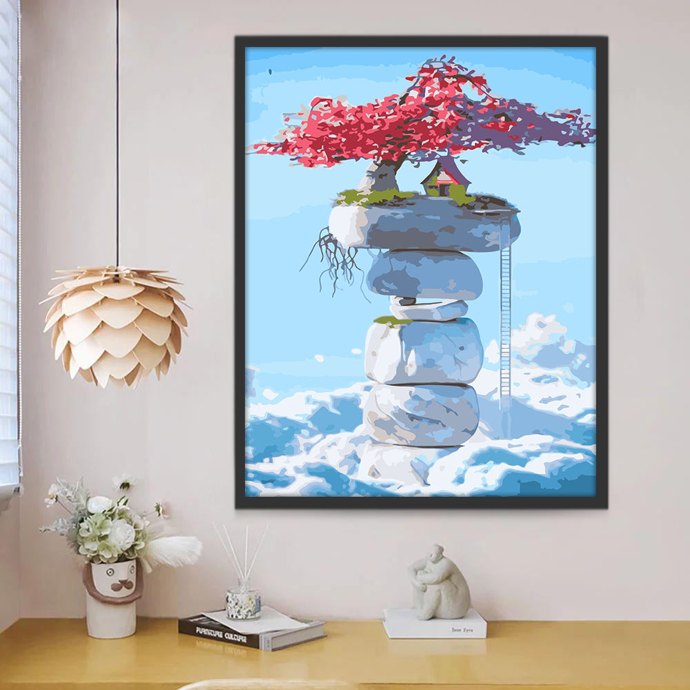 Casa y Árbol sobre Piedras y las Nubes Pintar por Números