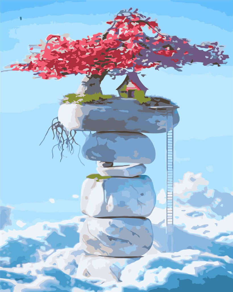Casa y Árbol sobre Piedras y las Nubes Pintar por Números
