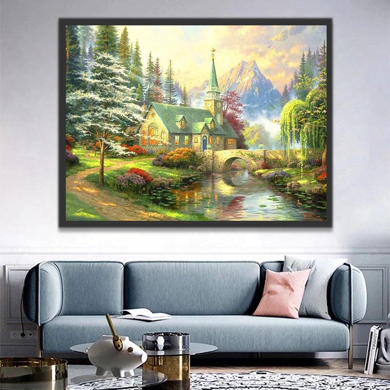 Casa y Bosque de Pinos y Arroyo Pintar por Números