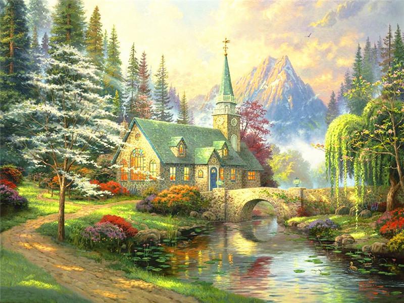 Casa y Bosque de Pinos y Arroyo Pintar por Números