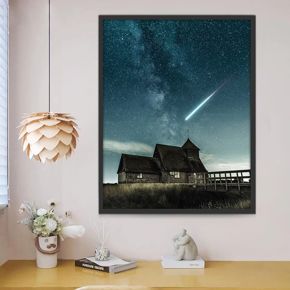 Casa y Estrellas y Meteorito Brillante Pintar por Números