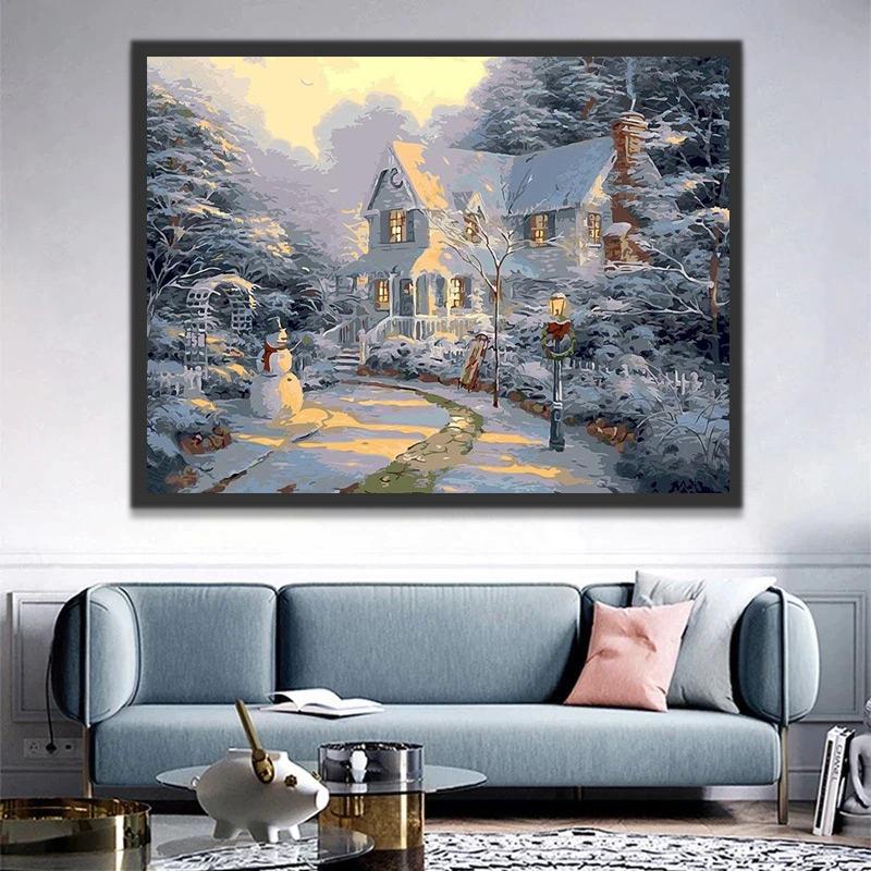 Casa y Muñeco de Nieve en el Bosque Pintar por Números