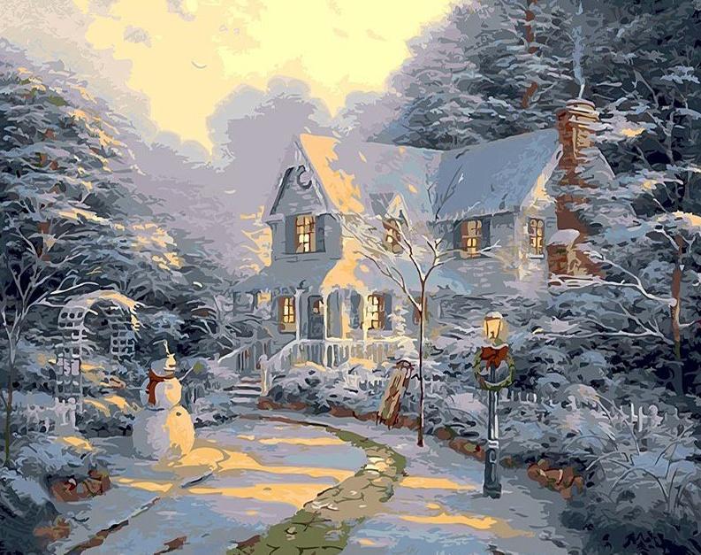 Casa y Muñeco de Nieve en el Bosque Pintar por Números