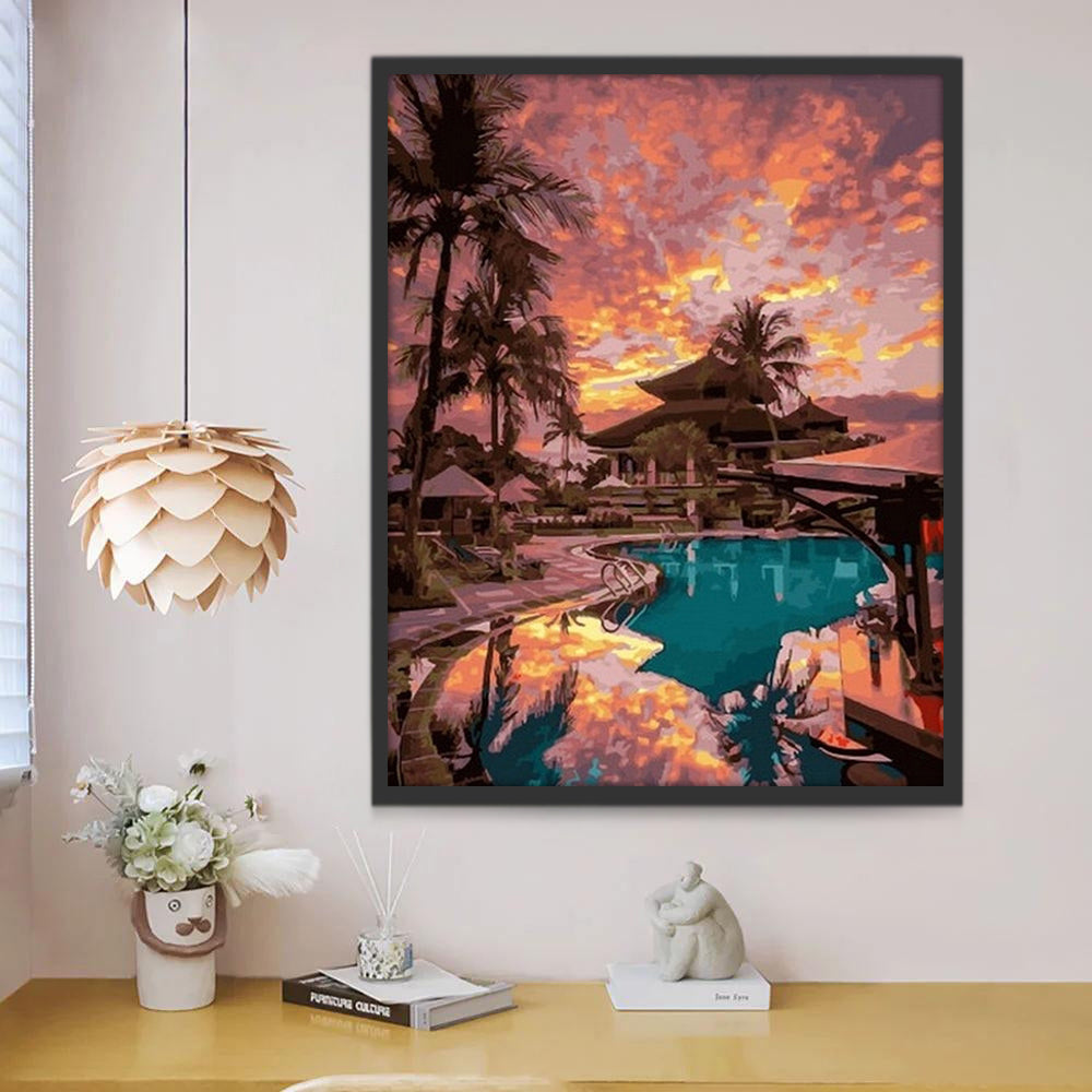 Casa y Palmeras en la Costa al Atardecer Pintar por Números