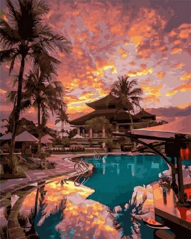 Casa y Palmeras en la Costa al Atardecer Pintar por Números