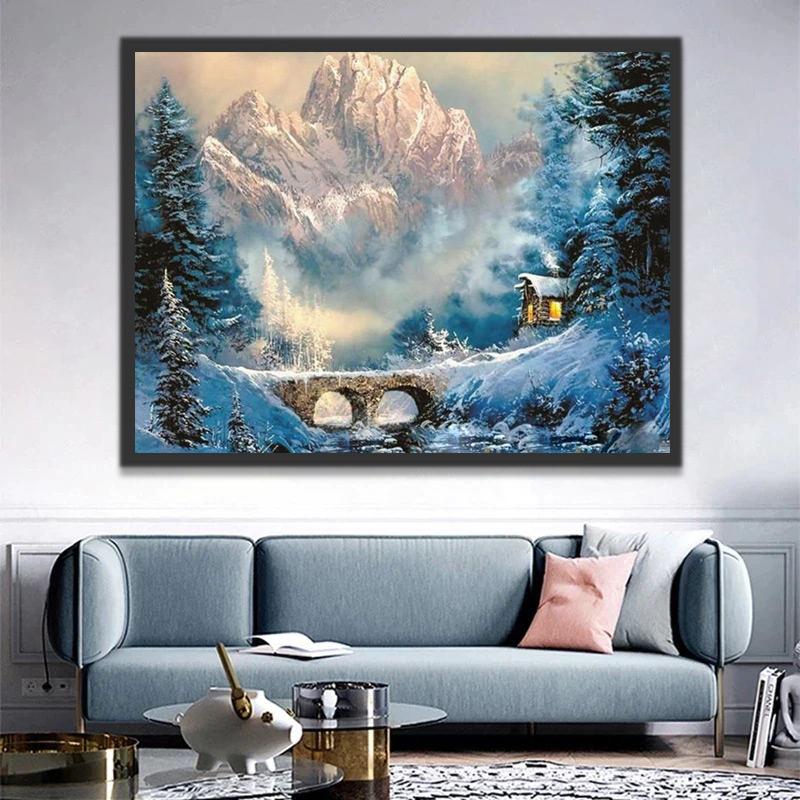 Casa y Puente en Montaña Invernal Pintar por Números