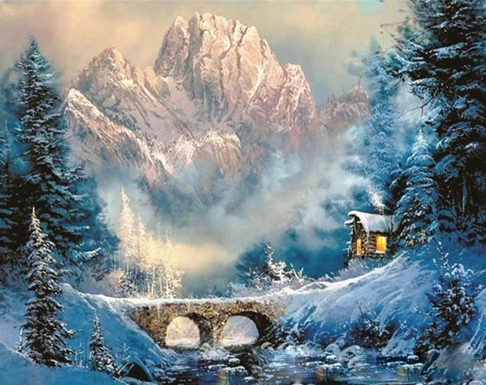 Casa y Puente en Montaña Invernal Pintar por Números