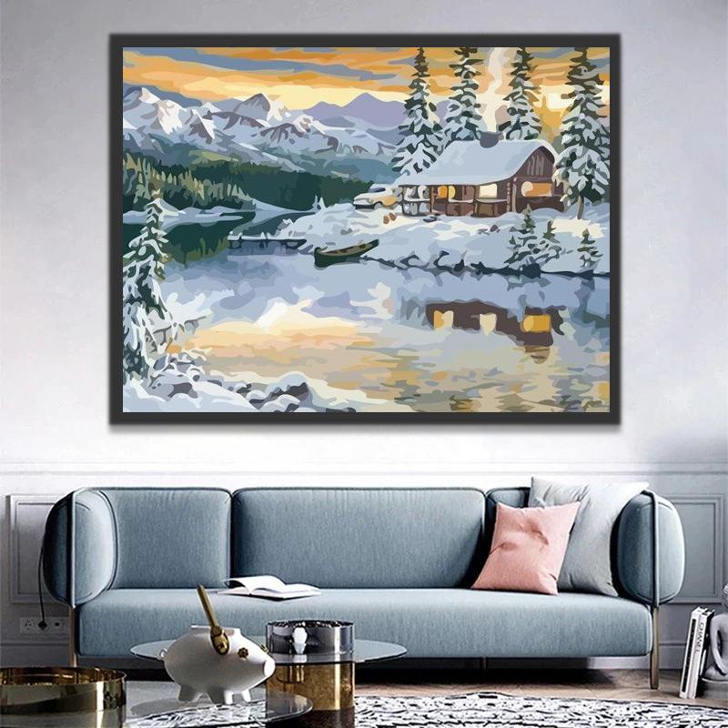 Casa y Río en el Valle de Invierno Pintar por Números