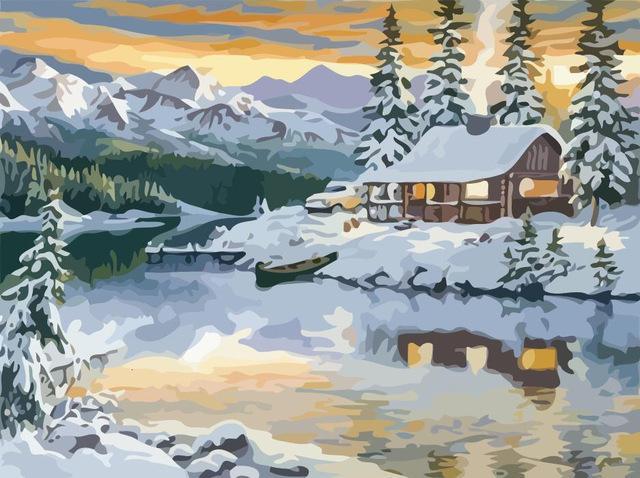 Casa y Río en el Valle de Invierno Pintar por Números