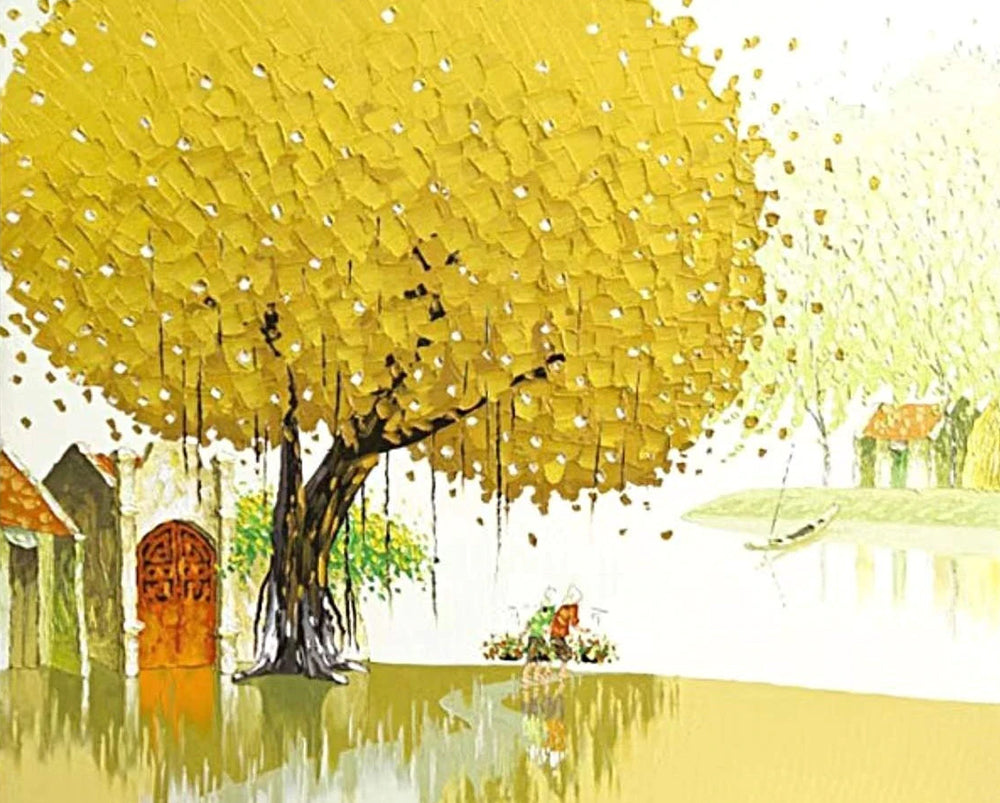 Casas bajo un Árbol Amarillo en el Pueblo Pintar por Números