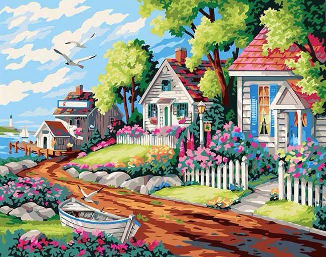 Casas con Flores de Primavera Pintar por Números