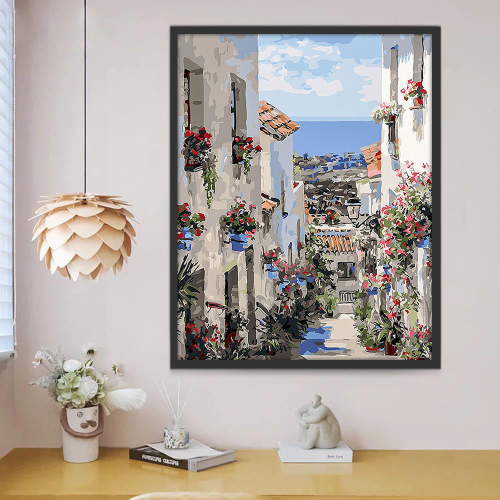 Casas con Flores en el Pueblo Costero Pintar por Números