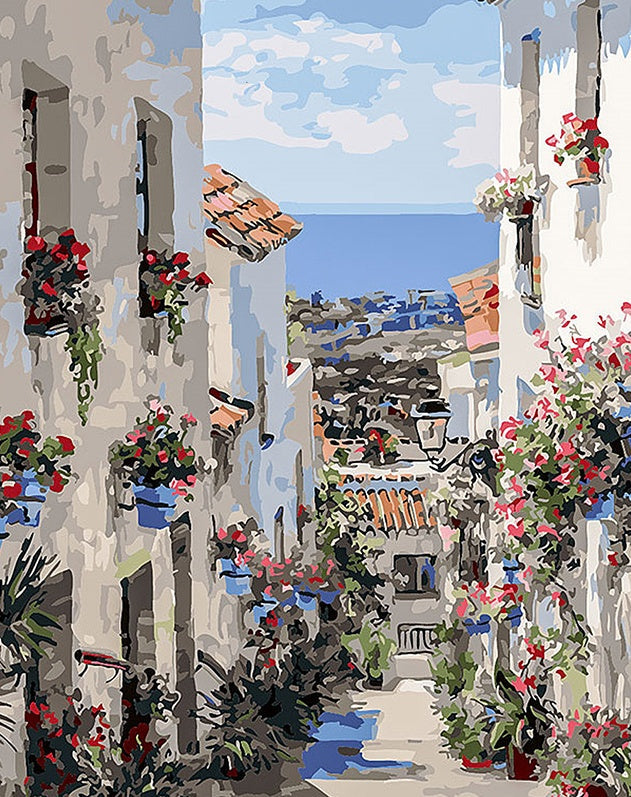 Casas con Flores en el Pueblo Costero Pintar por Números