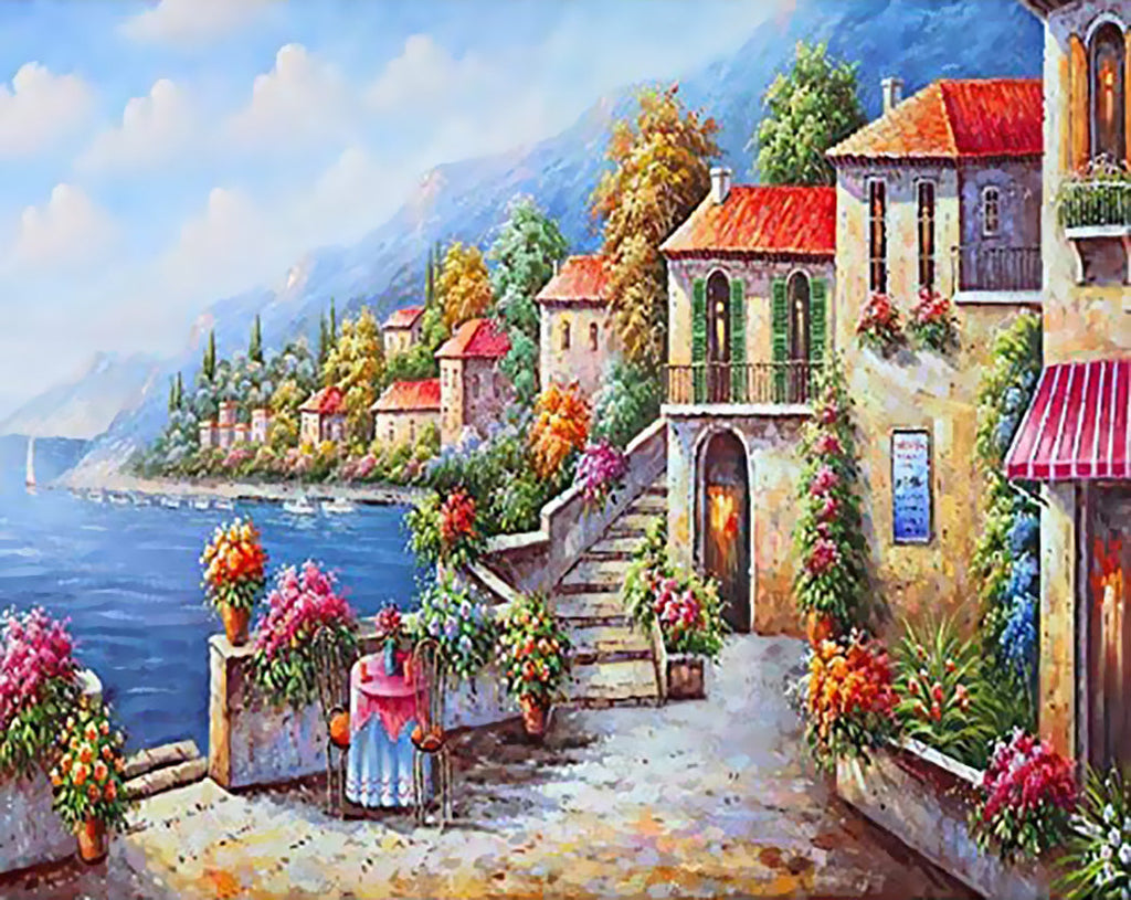 Casas con Flores en la Ciudad Costera Pintar por Números