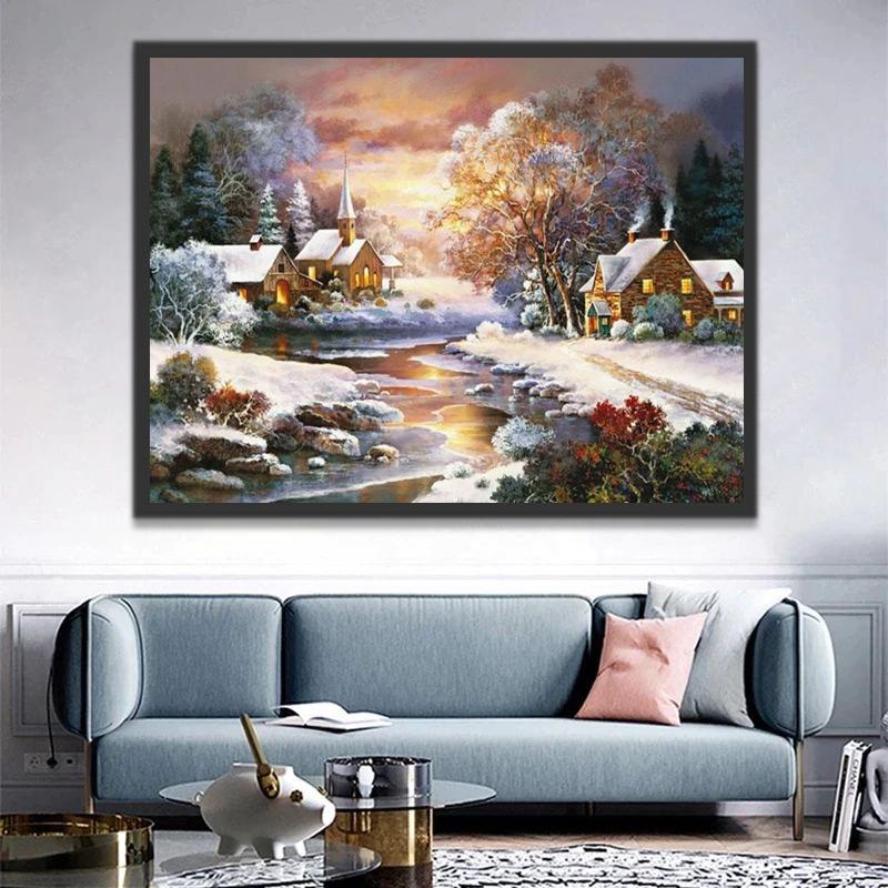 Casas y Arroyo en el Bosque del Invierno Pintar por Números