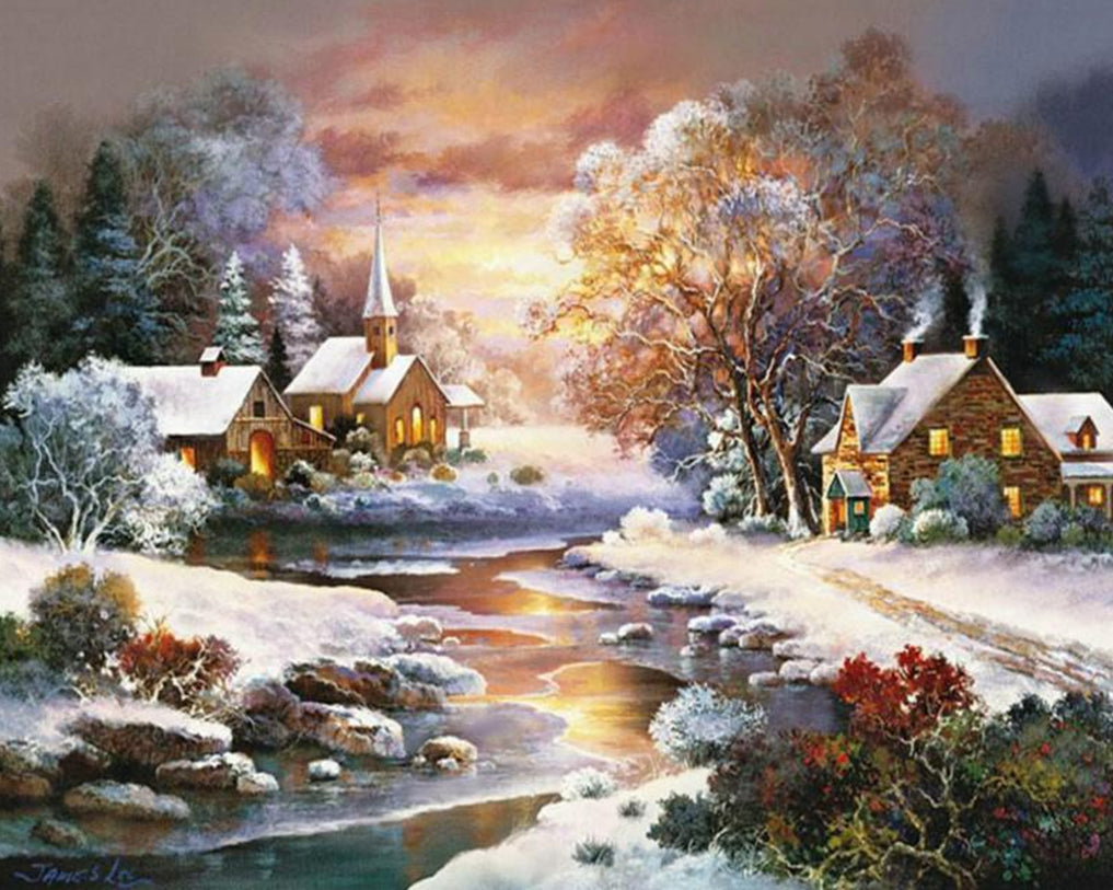 Casas y Arroyo en el Bosque del Invierno Pintar por Números