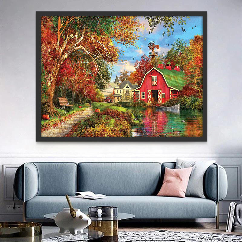 Casas y Patos en el Bosque Otoñal Pintar por Números