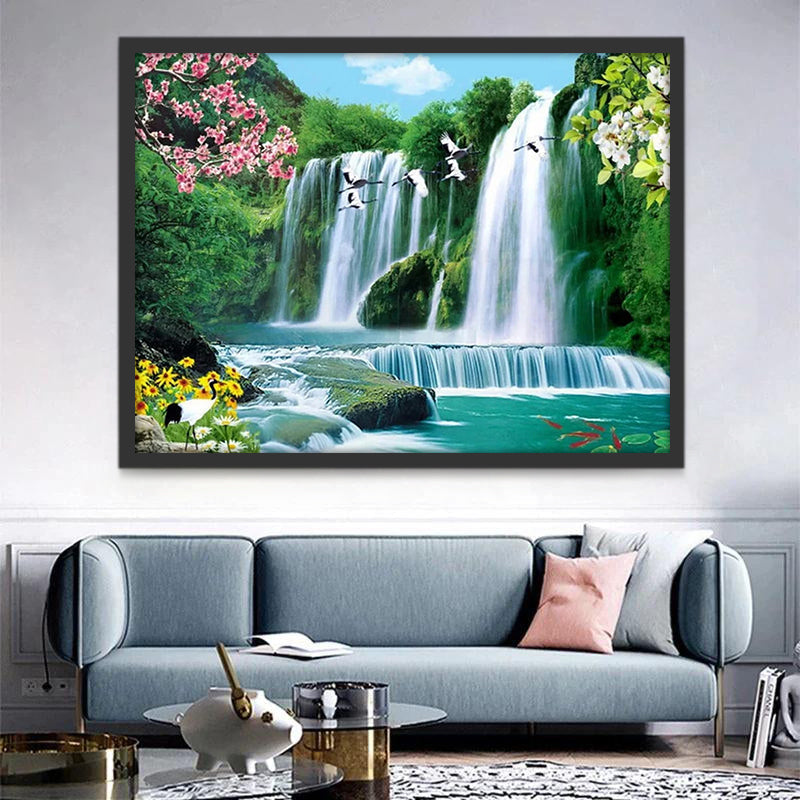 Cascada con Flores y Grullas Pintar por Números