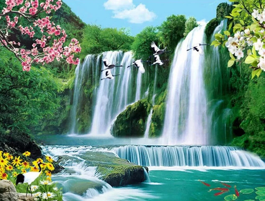 Cascada con Flores y Grullas Pintar por Números