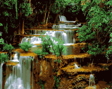 Cascada Corriente y Árboles Verdes Pintar por Números