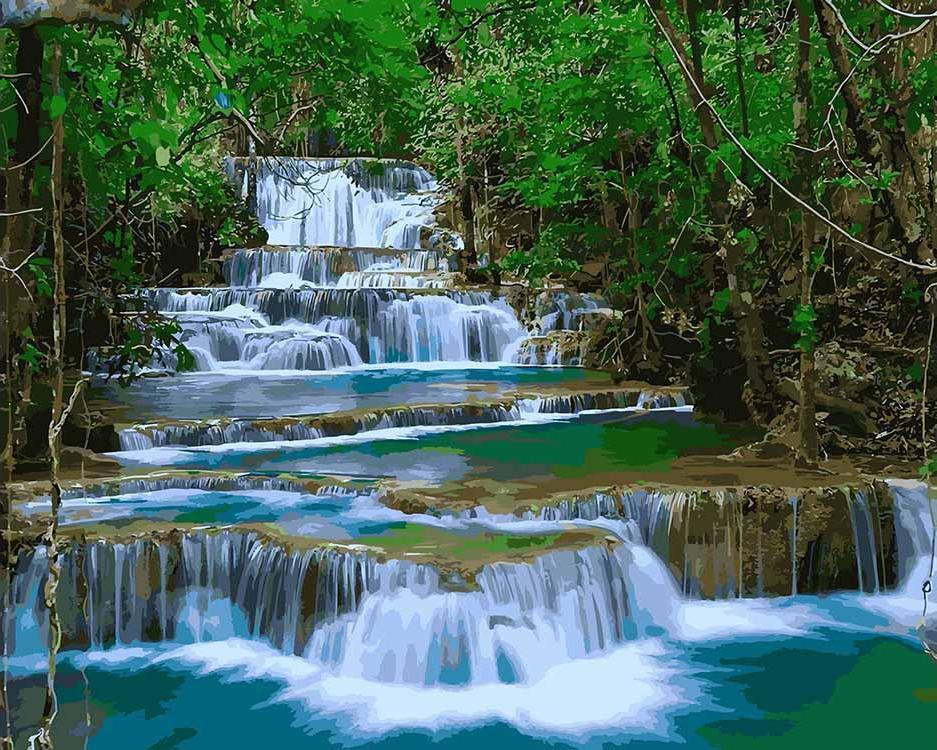 Cascada Rodeada de Árboles Verdes Pintar por Números