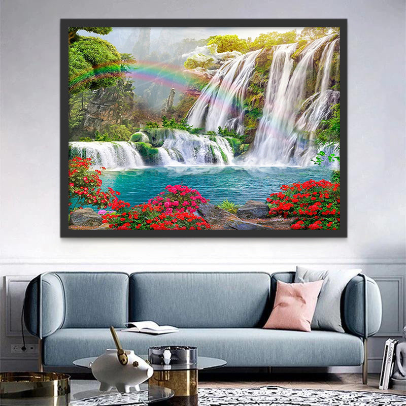 Cascada y Arco Iris y Flores Rojas Pintar por Números