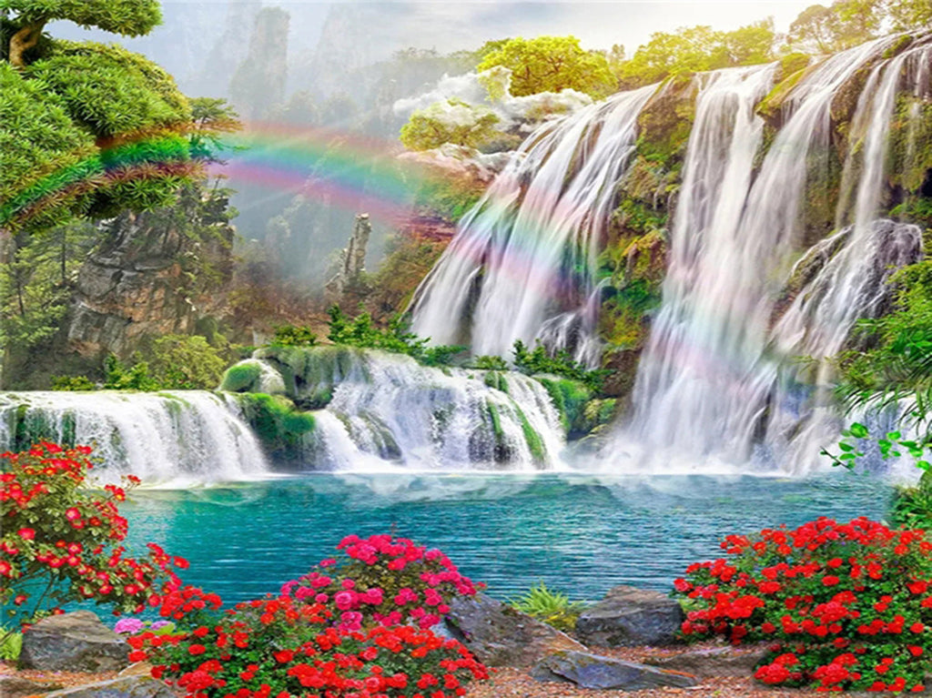 Cascada y Arco Iris y Flores Rojas Pintar por Números