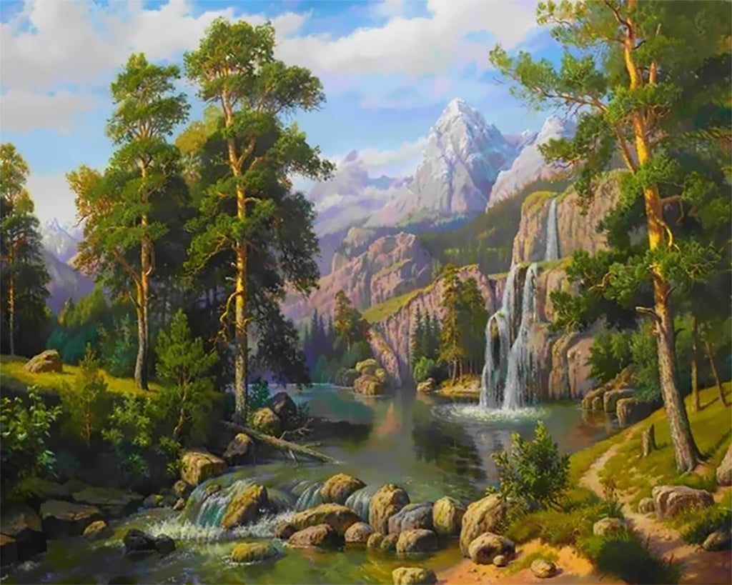Cascada y Arroyo en las Montañas Pintar por Números