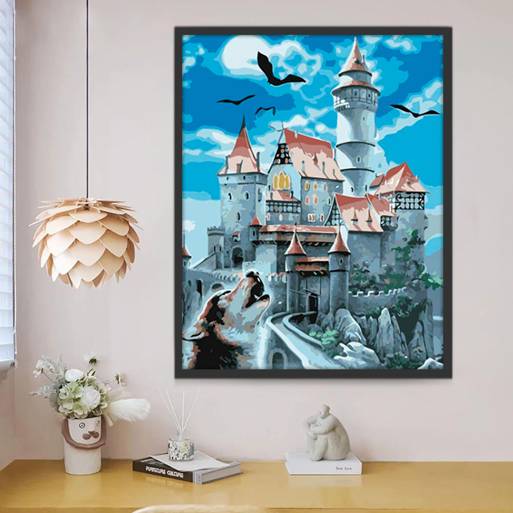 Castillo y Lobo del Grito Bajo Cielo Azul Pintar por Números