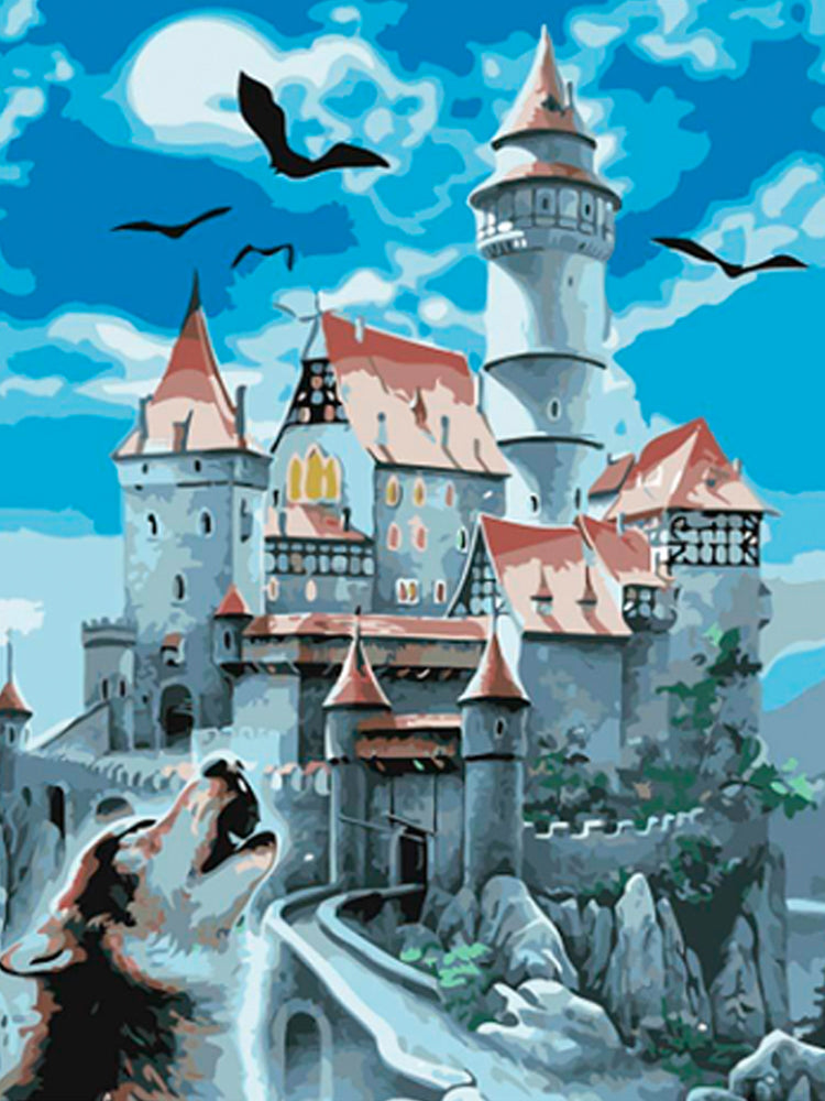 Castillo y Lobo del Grito Bajo Cielo Azul Pintar por Números