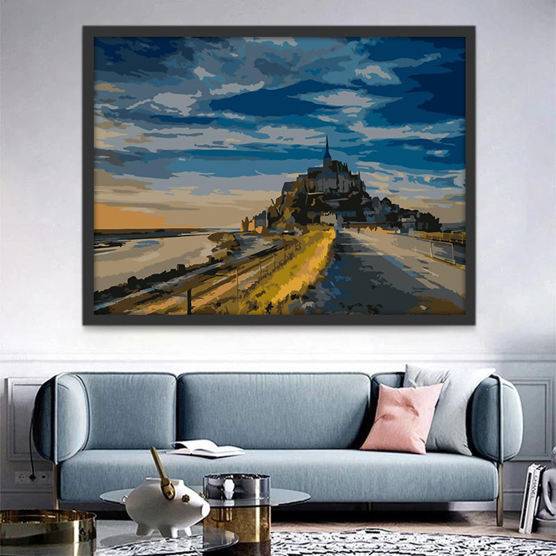 Castillo y Montaña Bajo Cielo Nublado Pintar por Números