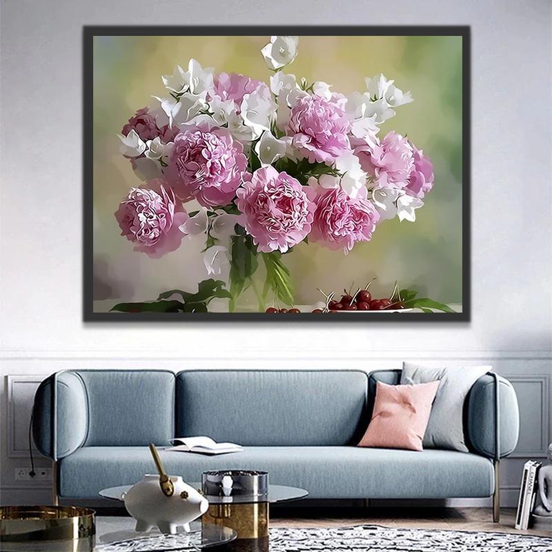 Cerezas Rojas en Plato y Peonías en Florero de Vidrio Pintar por Números