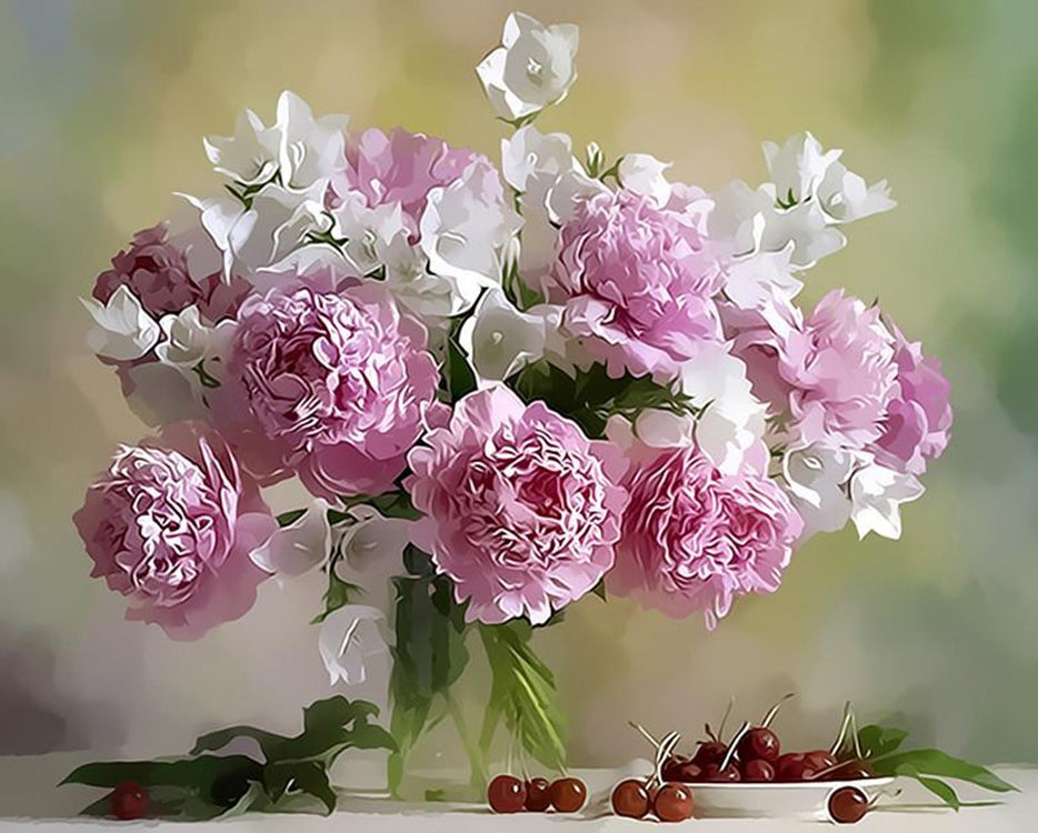 Cerezas Rojas en Plato y Peonías en Florero de Vidrio Pintar por Números