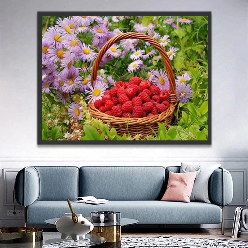 Cesta con Fresas entre Flores de Áster Pintar por Números