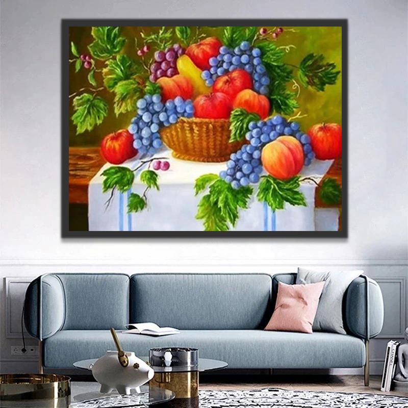 Cesta con Frutas sobre Mantel Blanco Pintar por Números