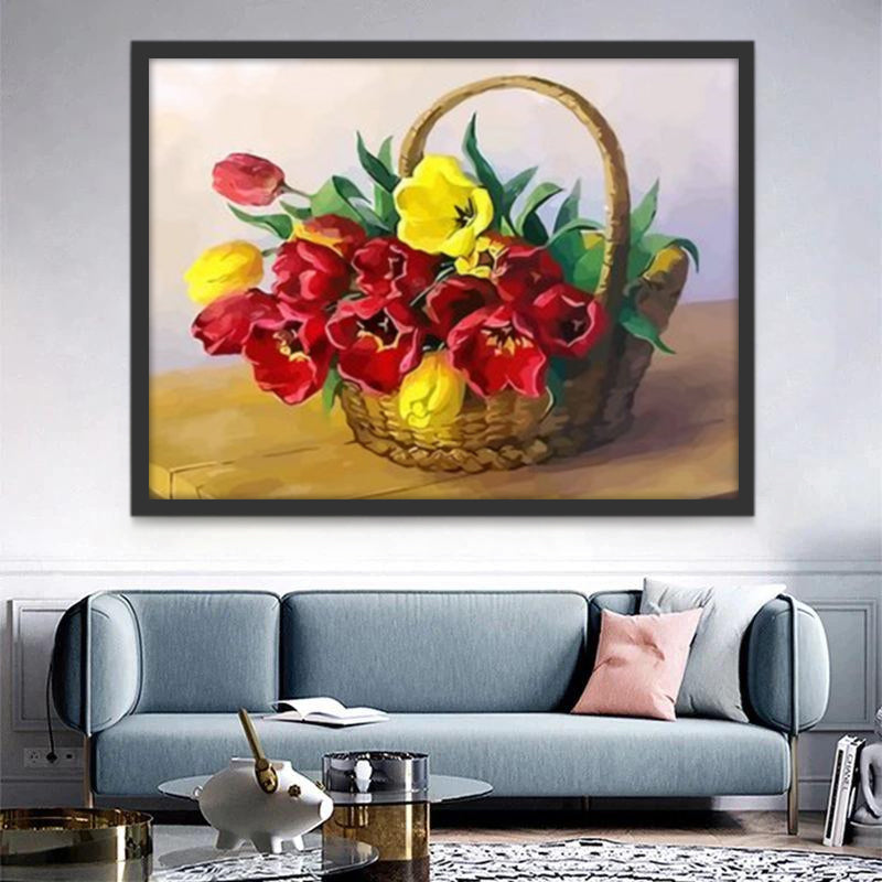 Cesta de Tulipanes de Colores sobre Mesa Pintar por Números