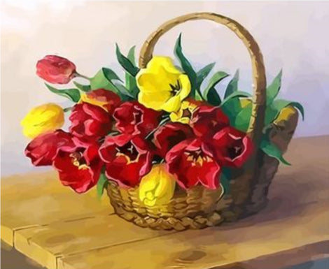 Cesta de Tulipanes de Colores sobre Mesa Pintar por Números