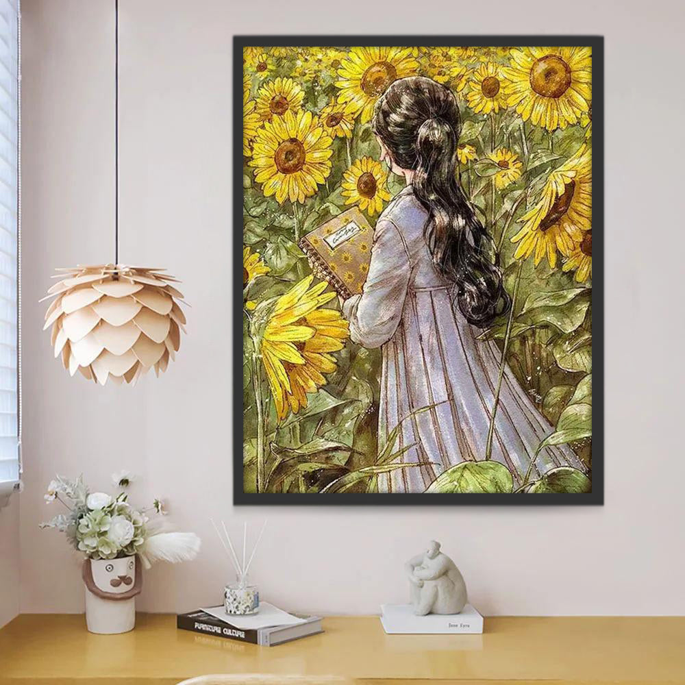 Chica Bonita con un Libro entre los Girasoles Pintar por Números
