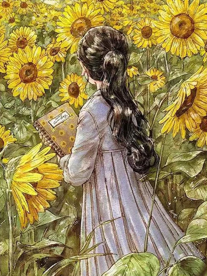 Chica Bonita con un Libro entre los Girasoles Pintar por Números