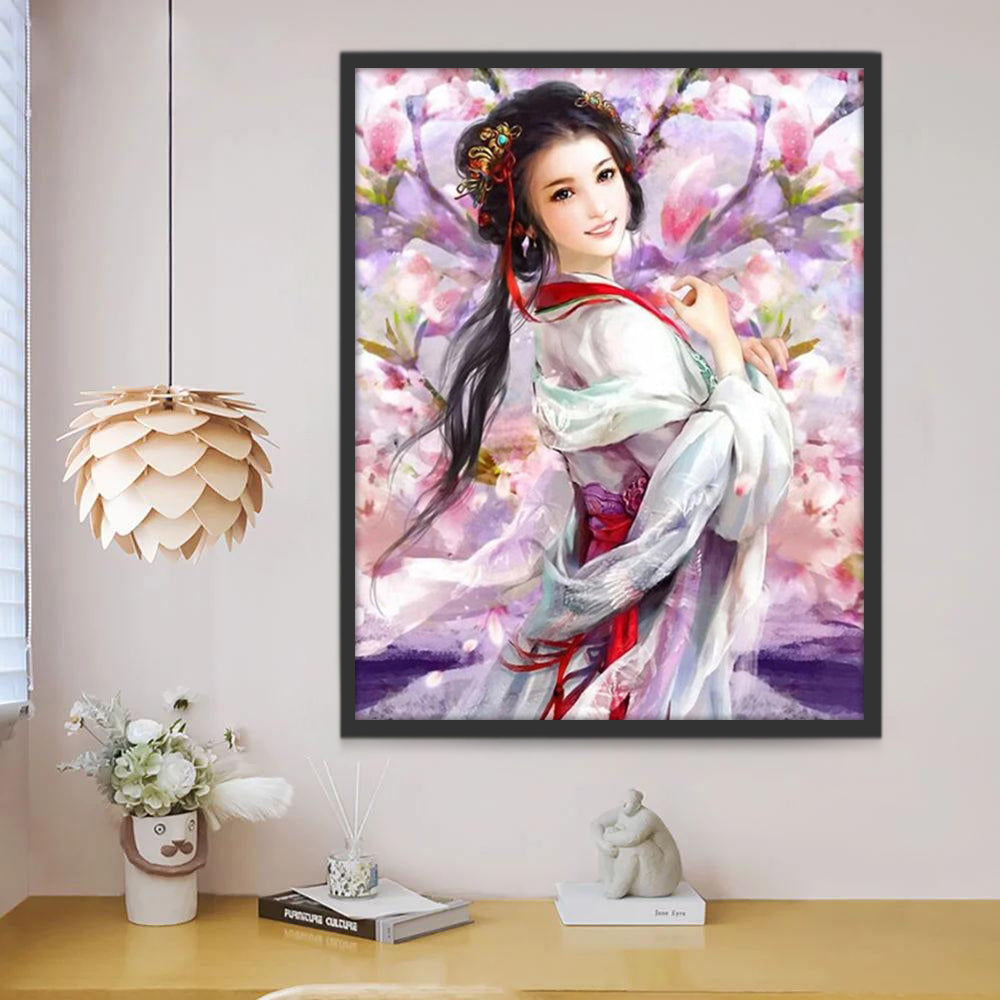 Chica China con Árbol de Flores Pintar por Números